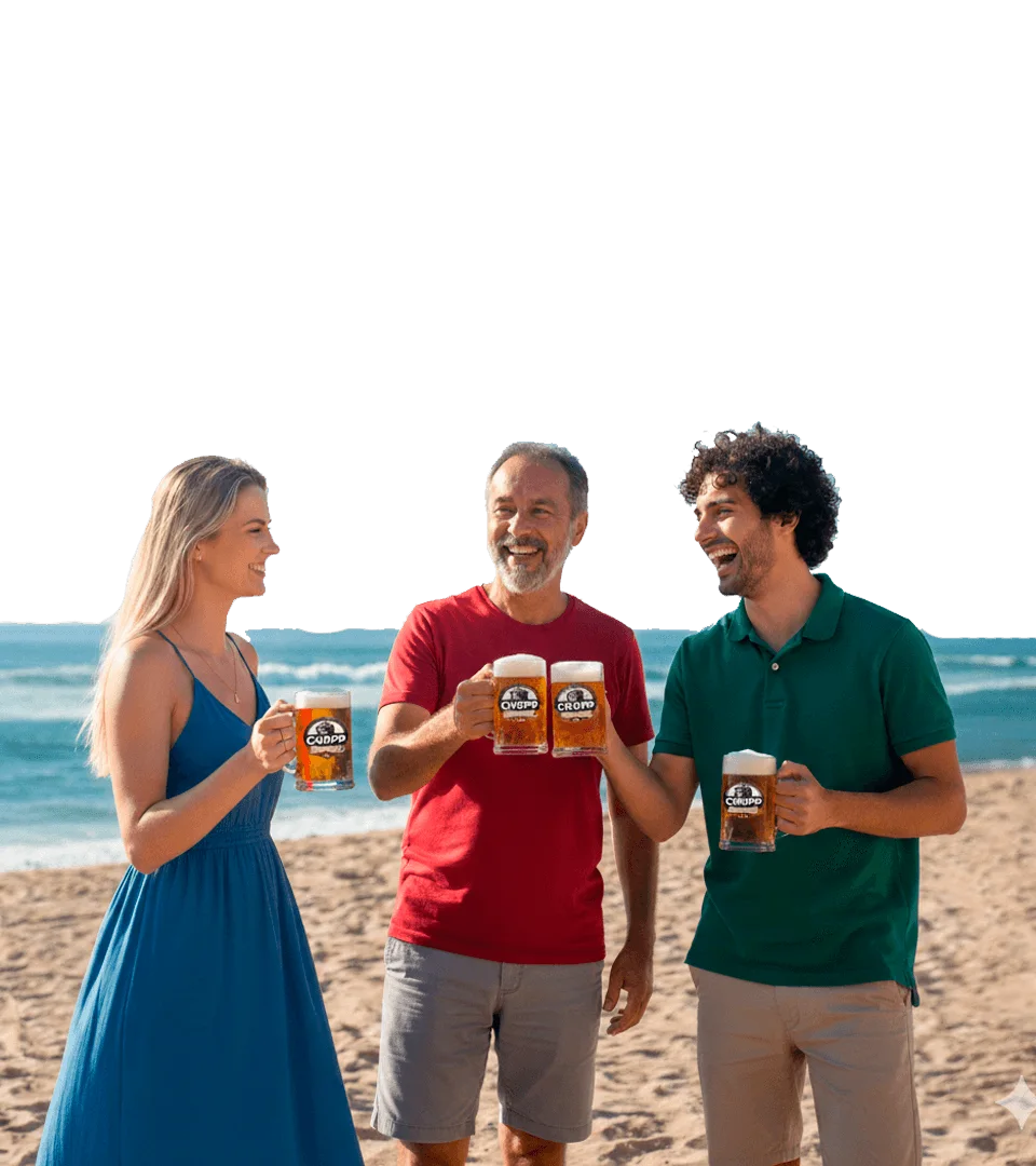 Familia bebendo chopp na praia